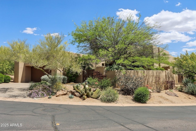 view of yard featuring fence, driveway, and a garage