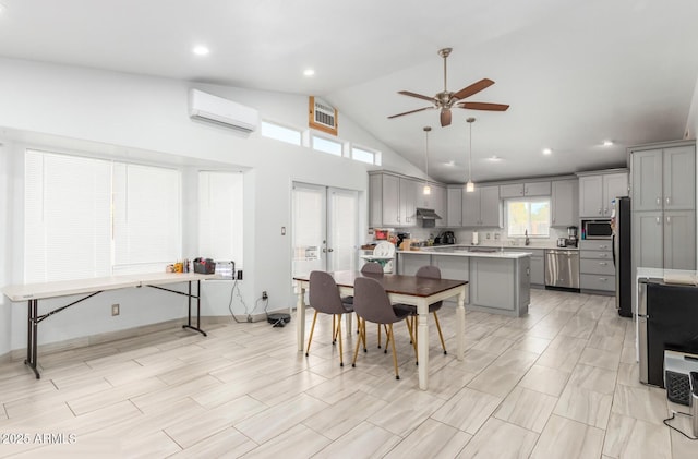 dining room featuring a wall unit AC, ceiling fan, high vaulted ceiling, and recessed lighting