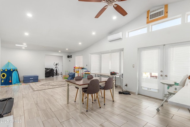 dining room with recessed lighting, high vaulted ceiling, a ceiling fan, and a wall mounted AC