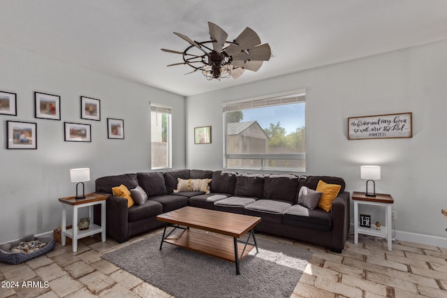 living room with ceiling fan