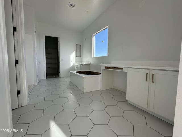 interior space featuring visible vents, a bath, and a spacious closet