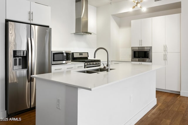3131 N Central Ave Unit 3009, Phoenix, AZ 85012 - kitchen featuring appliances with stainless steel finishes, wall chimney exhaust hood, a sink, tasteful backsplash, and dark wood-type flooring