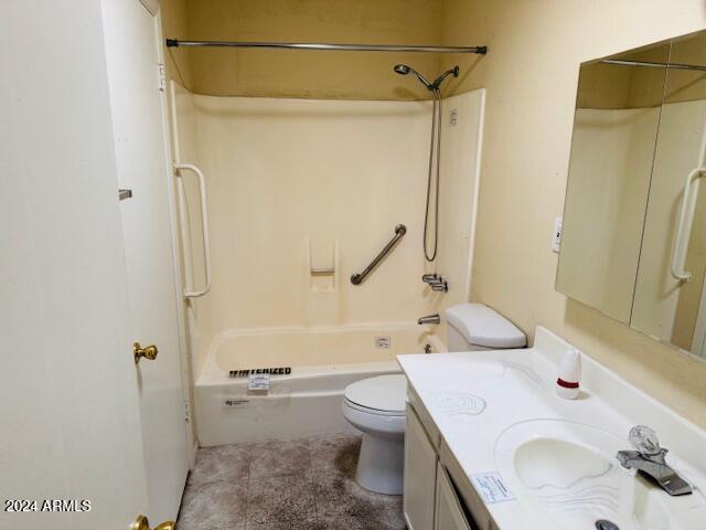 full bathroom with vanity,  shower combination, and toilet