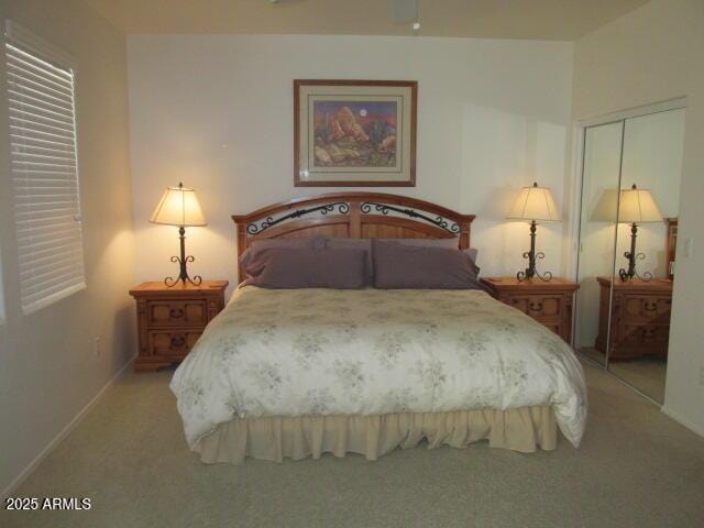 bedroom featuring carpet flooring and a closet