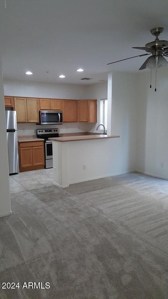 kitchen featuring kitchen peninsula, light carpet, sink, and stainless steel appliances