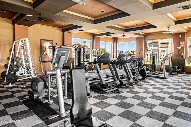 1941 S Pierpont Dr Unit 2015, Mesa, AZ 85206 - workout area featuring a ceiling fan, coffered ceiling, ornamental molding, carpet, and beamed ceiling