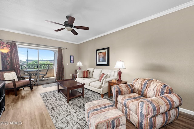 1941 S Pierpont Dr Unit 2015, Mesa, AZ 85206 - living area with wood finished floors, ornamental molding, a ceiling fan, and baseboards