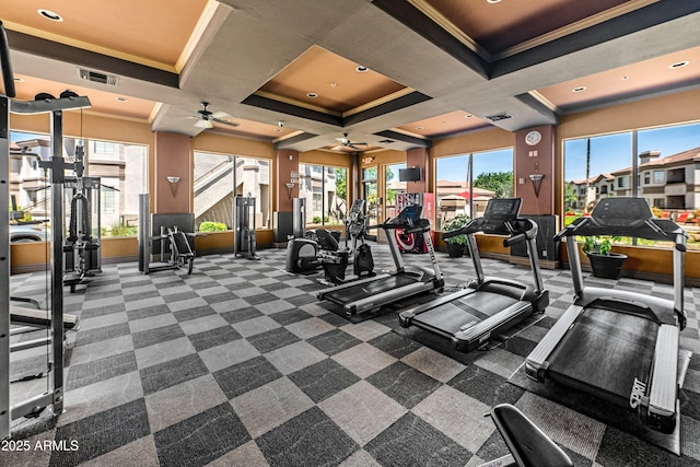 1941 S Pierpont Dr Unit 2015, Mesa, AZ 85206 - gym with a ceiling fan, crown molding, and coffered ceiling