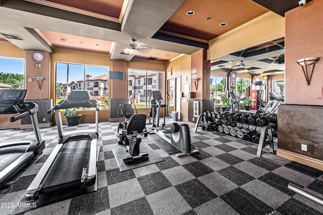 1941 S Pierpont Dr Unit 2015, Mesa, AZ 85206 - gym featuring baseboards, coffered ceiling, ornamental molding, a ceiling fan, and recessed lighting