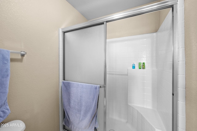 1941 S Pierpont Dr Unit 2015, Mesa, AZ 85206 - full bathroom with a stall shower, a textured wall, and toilet