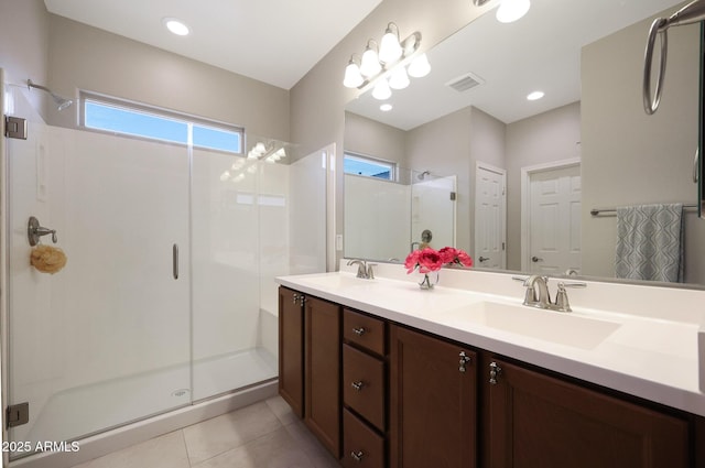 bathroom featuring a sink, visible vents, a shower stall, and double vanity