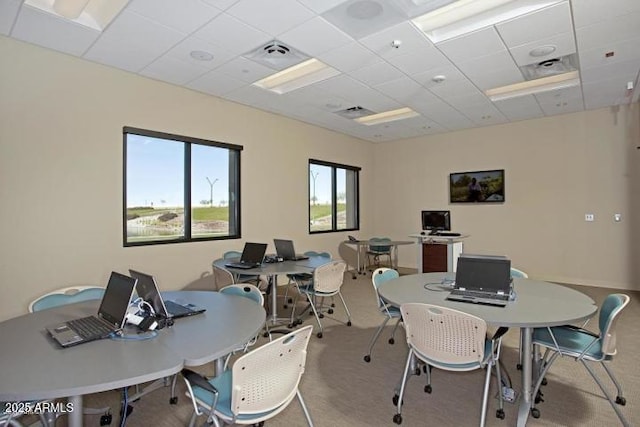 office space featuring a paneled ceiling, visible vents, and carpet floors