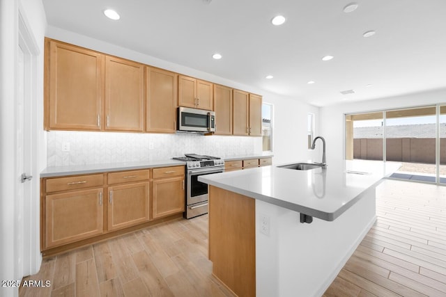 kitchen featuring decorative backsplash, light wood-style flooring, a sink, and appliances with stainless steel finishes