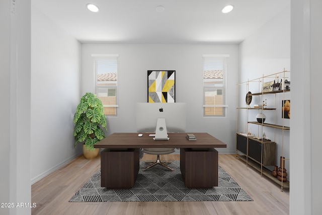 home office with baseboards, light wood-style floors, and recessed lighting