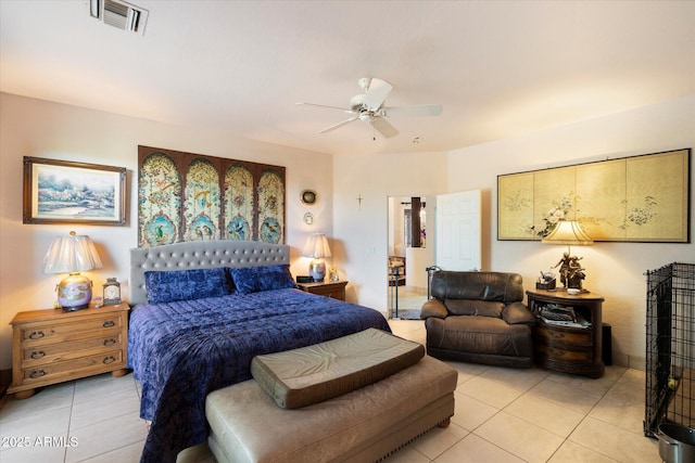 bedroom featuring light tile patterned floors and ceiling fan