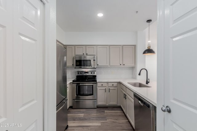 20100 N 78th Pl Unit 2114, Scottsdale, AZ 85255 - kitchen with appliances with stainless steel finishes, tasteful backsplash, dark wood finished floors, light countertops, and gray cabinetry