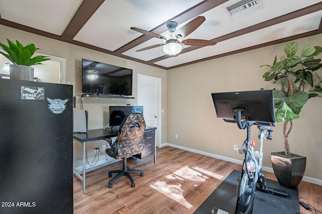 office area with hardwood / wood-style flooring and ceiling fan