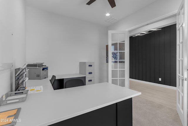 office space featuring ceiling fan, light hardwood / wood-style floors, and french doors