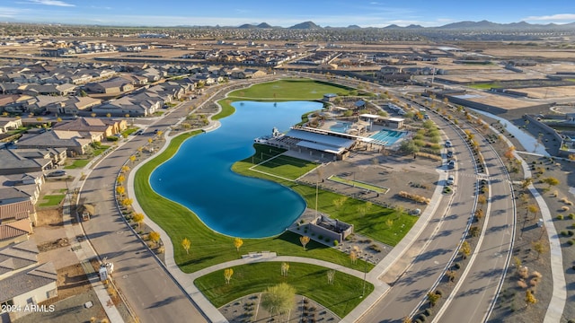 bird's eye view featuring a water and mountain view