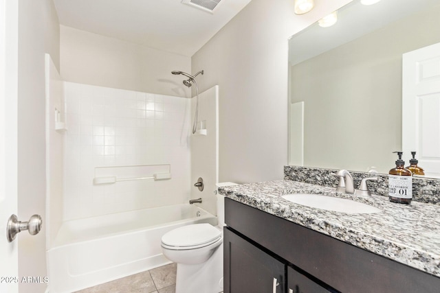 bathroom with visible vents, toilet, shower / washtub combination, tile patterned flooring, and vanity