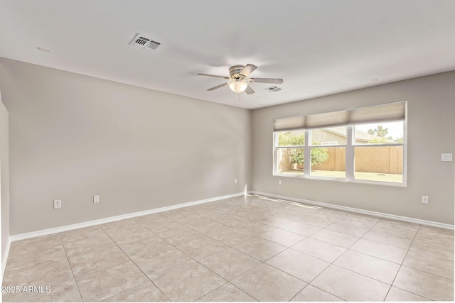 unfurnished room featuring visible vents, baseboards, and a ceiling fan