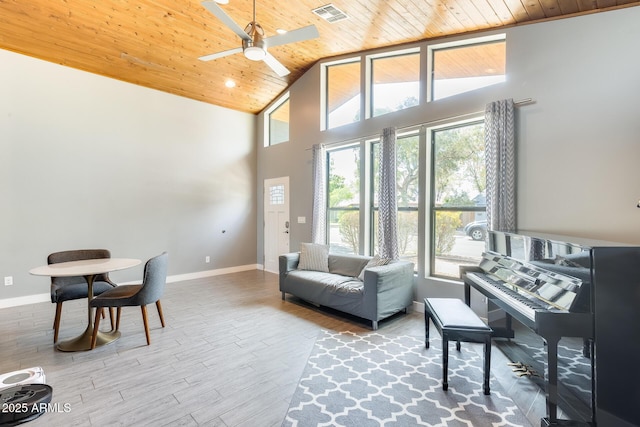 living area featuring visible vents, baseboards, ceiling fan, high vaulted ceiling, and wooden ceiling