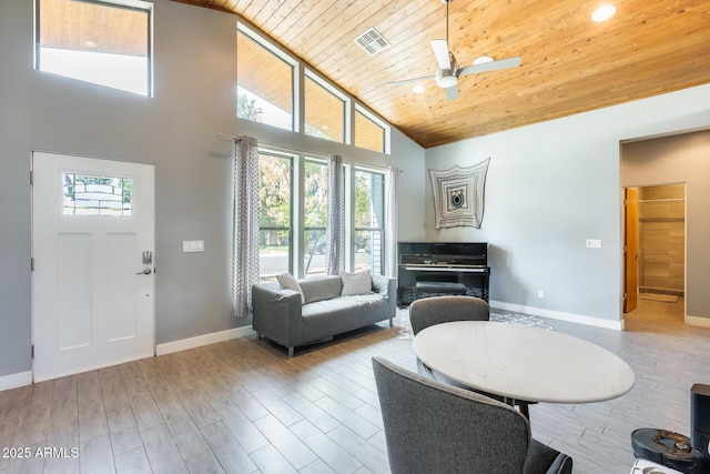 living room featuring wood ceiling, ceiling fan, a healthy amount of sunlight, and high vaulted ceiling
