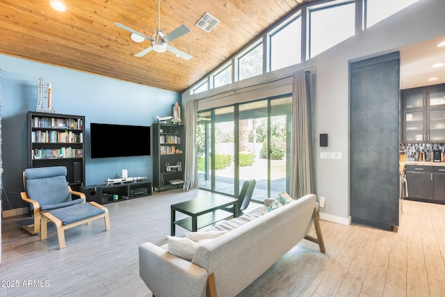living room featuring a ceiling fan, visible vents, high vaulted ceiling, baseboards, and a bar