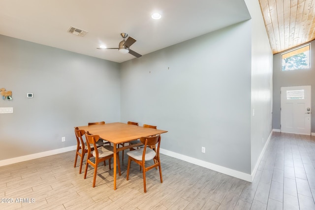dining space with ceiling fan, visible vents, light wood-type flooring, baseboards, and recessed lighting