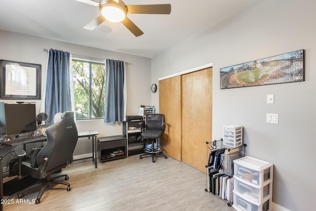 home office featuring a ceiling fan and wood finished floors