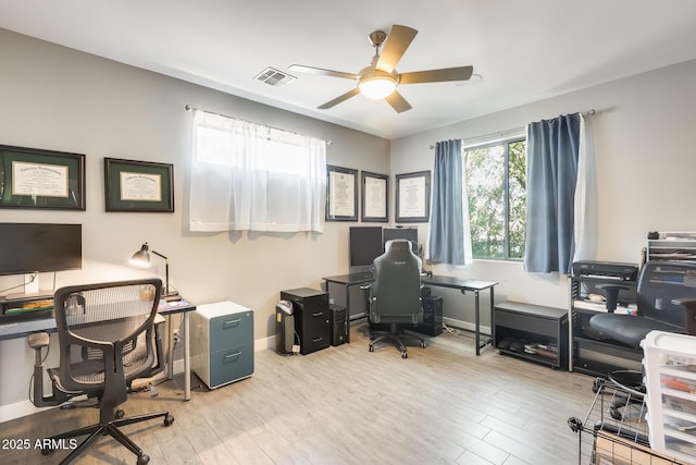 office area with baseboards, ceiling fan, visible vents, and wood finished floors