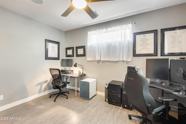 office space featuring baseboards, ceiling fan, and wood finished floors