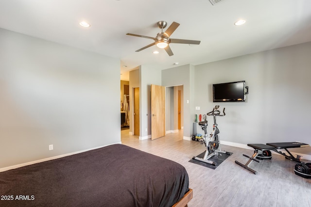bedroom featuring recessed lighting, a ceiling fan, baseboards, and wood finished floors