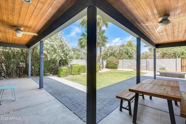 view of patio / terrace featuring a fenced backyard and a ceiling fan
