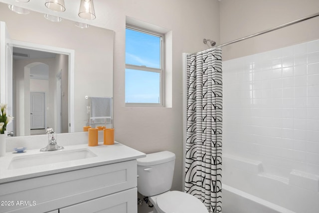 11203 E Crescent Ave, Mesa, AZ 85208 - bathroom with vanity, toilet, and shower / bathtub combination with curtain