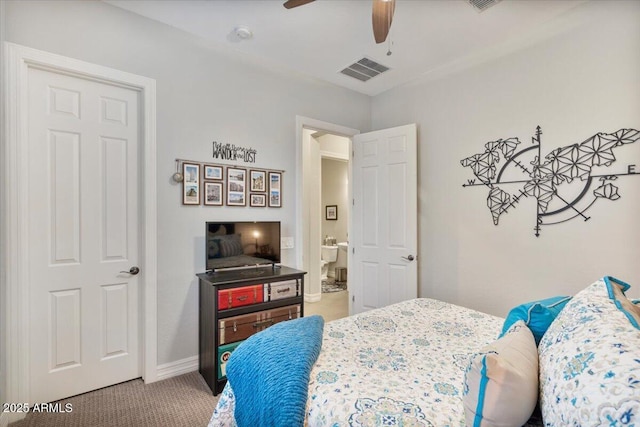 carpeted bedroom featuring visible vents, baseboards, and a ceiling fan