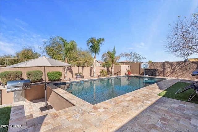 view of pool with a patio, area for grilling, a fenced backyard, and an outdoor kitchen