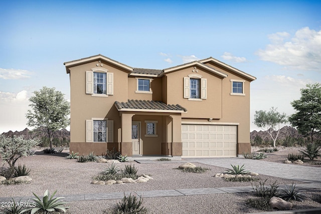23056 E Watford Dr, Queen Creek, AZ 85142 - view of front of house featuring an attached garage, a tiled roof, stucco siding, and driveway