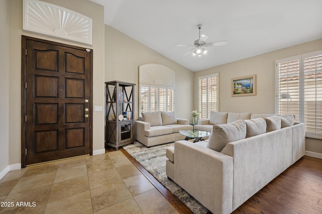 15064 N 54th Way, Scottsdale, AZ 85254 - living area featuring ceiling fan, baseboards, and lofted ceiling