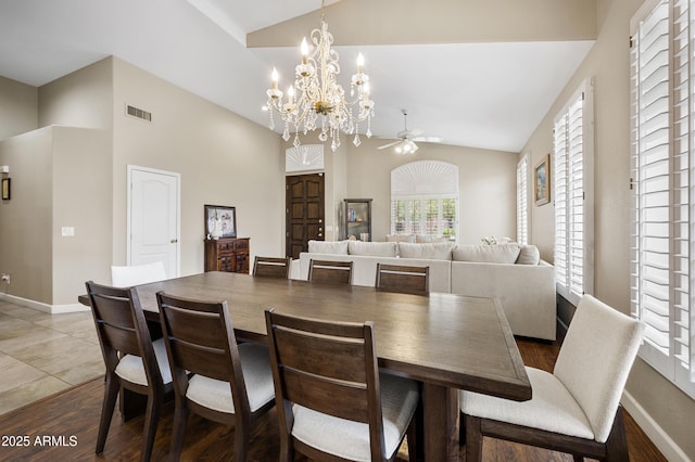 15064 N 54th Way, Scottsdale, AZ 85254 - dining space featuring ceiling fan, baseboards, a chandelier, high vaulted ceiling, and wood finished floors