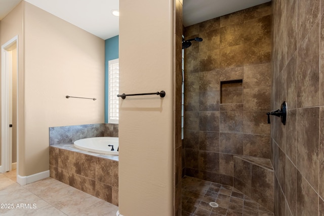 bathroom featuring tile patterned floors and plus walk in shower