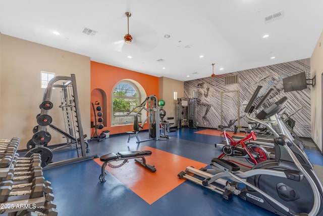 14200 W Village Pkwy Unit 2128, Litchfield Park, AZ 85340 - workout area featuring an accent wall, recessed lighting, and wallpapered walls