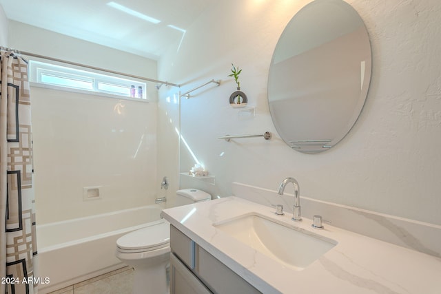 full bathroom featuring tile patterned flooring, vanity, shower / tub combo, and toilet