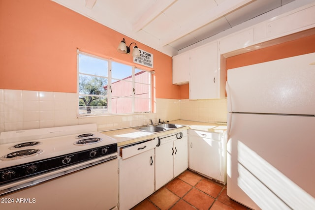 kitchen with sink, white cabinets, backsplash, white appliances, and light tile patterned floors