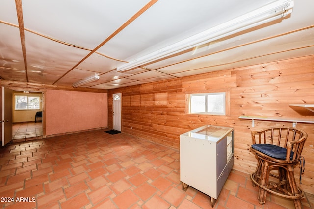 basement with a wealth of natural light and wood walls