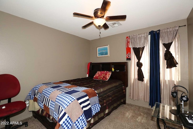 bedroom featuring carpet flooring and ceiling fan