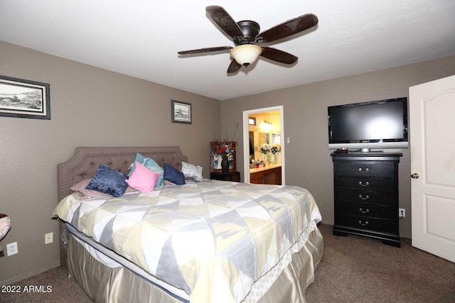 bedroom featuring ceiling fan, connected bathroom, and carpet flooring