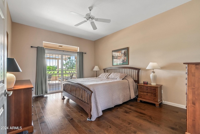 bedroom with dark hardwood / wood-style flooring, access to outside, and ceiling fan