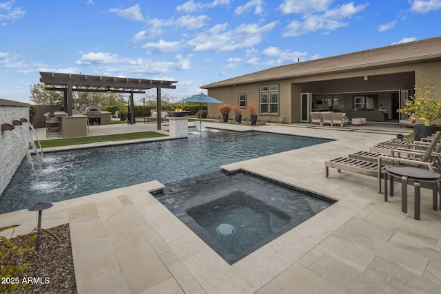 view of swimming pool with a patio, area for grilling, and a pool with connected hot tub