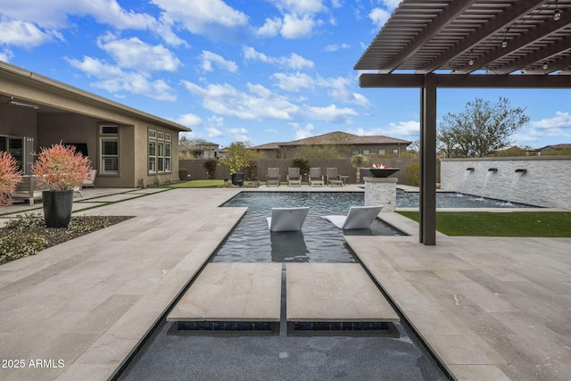 view of swimming pool with a patio, a fenced in pool, a pergola, and a fenced backyard